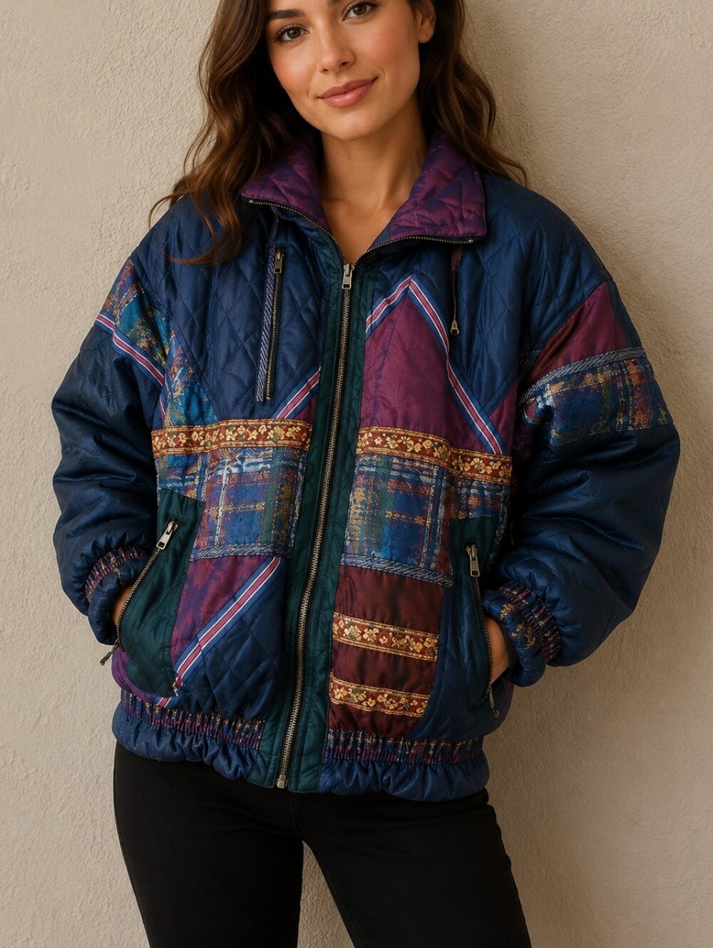 Elco 1980s Jewel Tone Brocade Down Filled Oversized Techy Patchwork Ski Coat